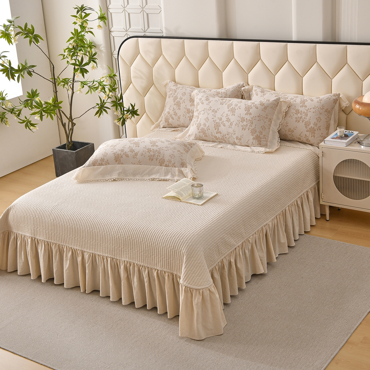 91家纺网 家纺一手货源 找家纺 （总）金艾草 2026新款全棉纯棉A类棉麻提花床盖四件套法式大花边四件套