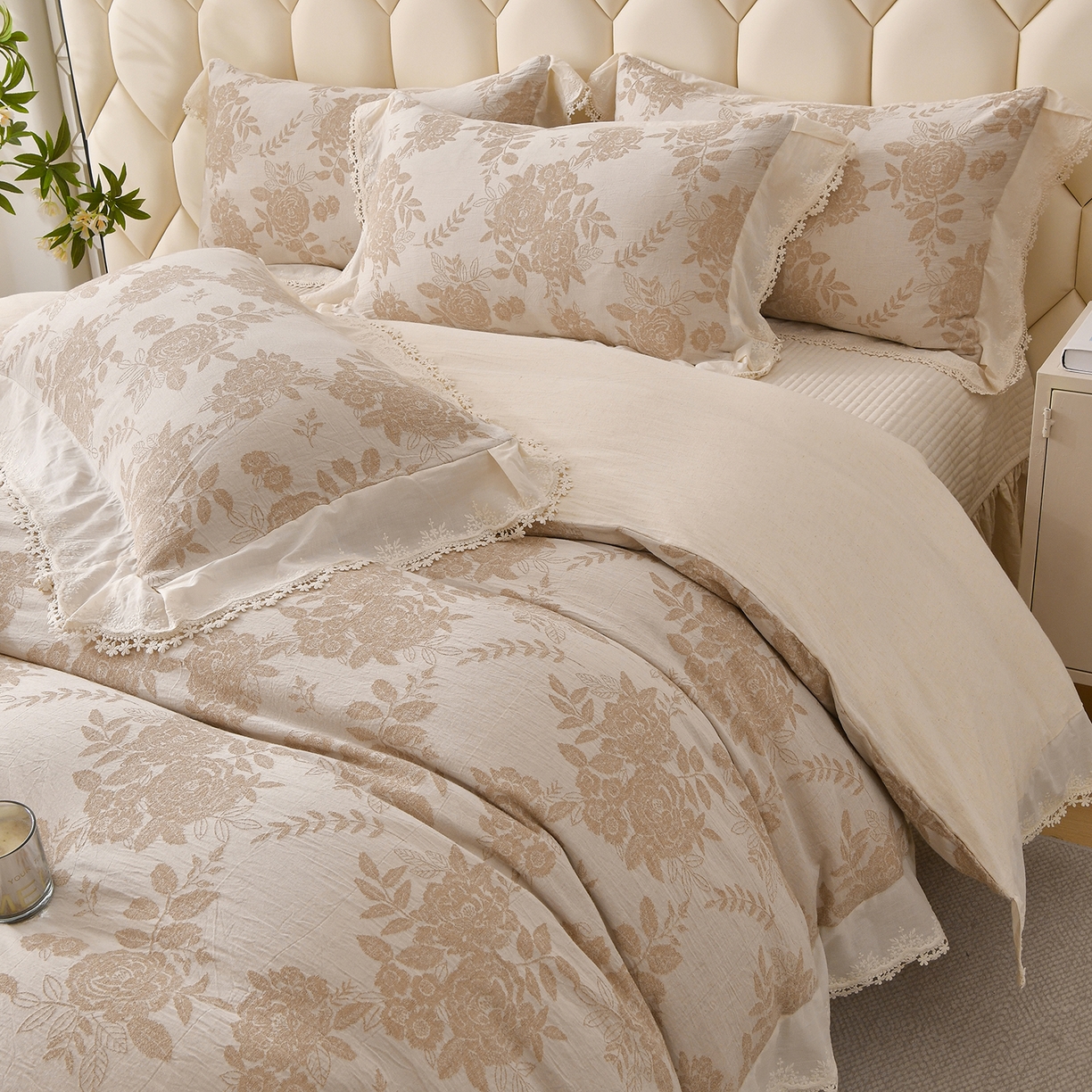 91家纺网 家纺一手货源 找家纺 金艾草 2026新款全棉纯棉A类棉麻提花床盖四件套法式大花边四件套 醒梦