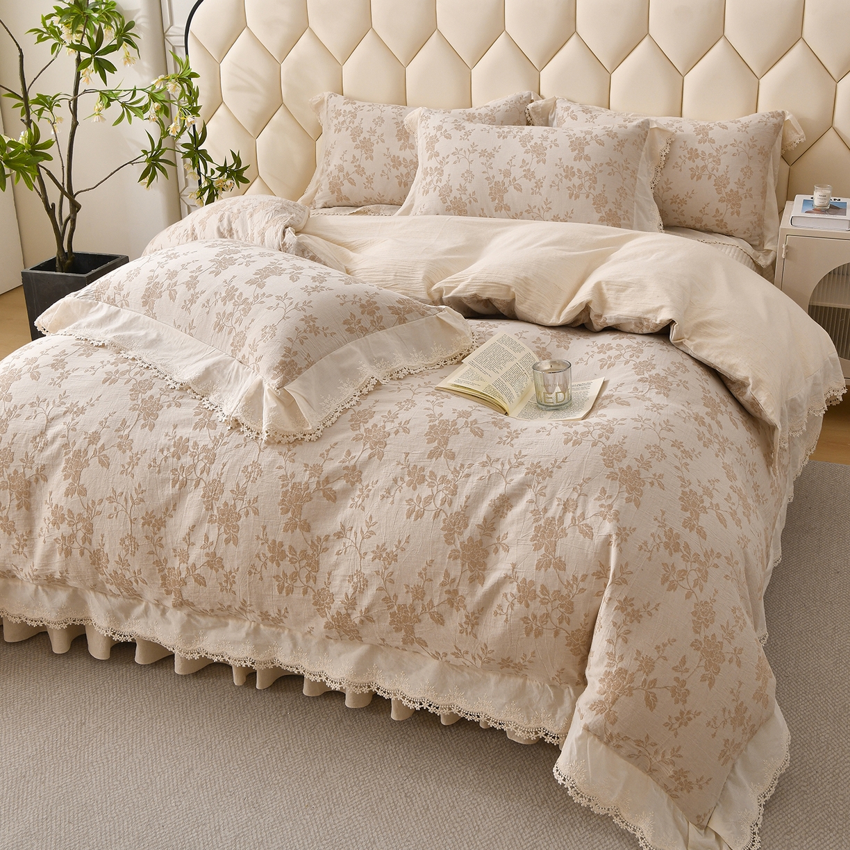 91家纺网 家纺一手货源 找家纺 （总）金艾草 2026新款全棉纯棉A类棉麻提花床盖四件套法式大花边四件套