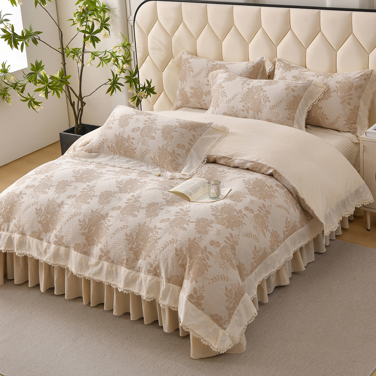 91家纺网 家纺一手货源 找家纺 金艾草 2026新款全棉纯棉A类棉麻提花床盖四件套法式大花边四件套 醒梦