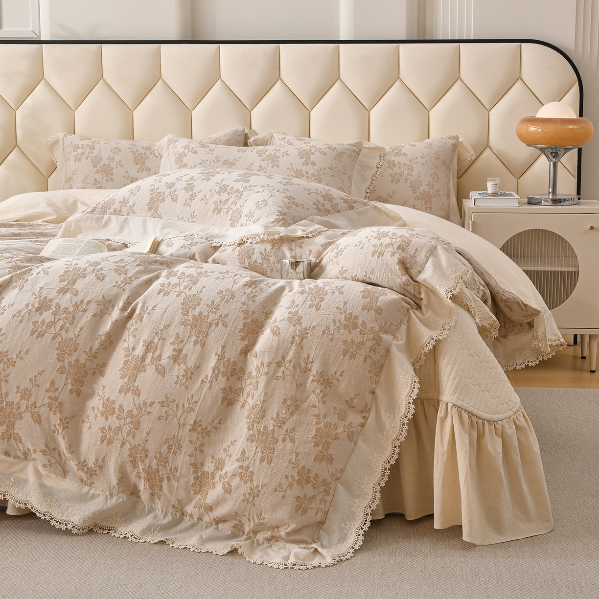 91家纺网 家纺一手货源 找家纺 金艾草 2026新款全棉纯棉A类棉麻提花床盖四件套法式大花边四件套 满园