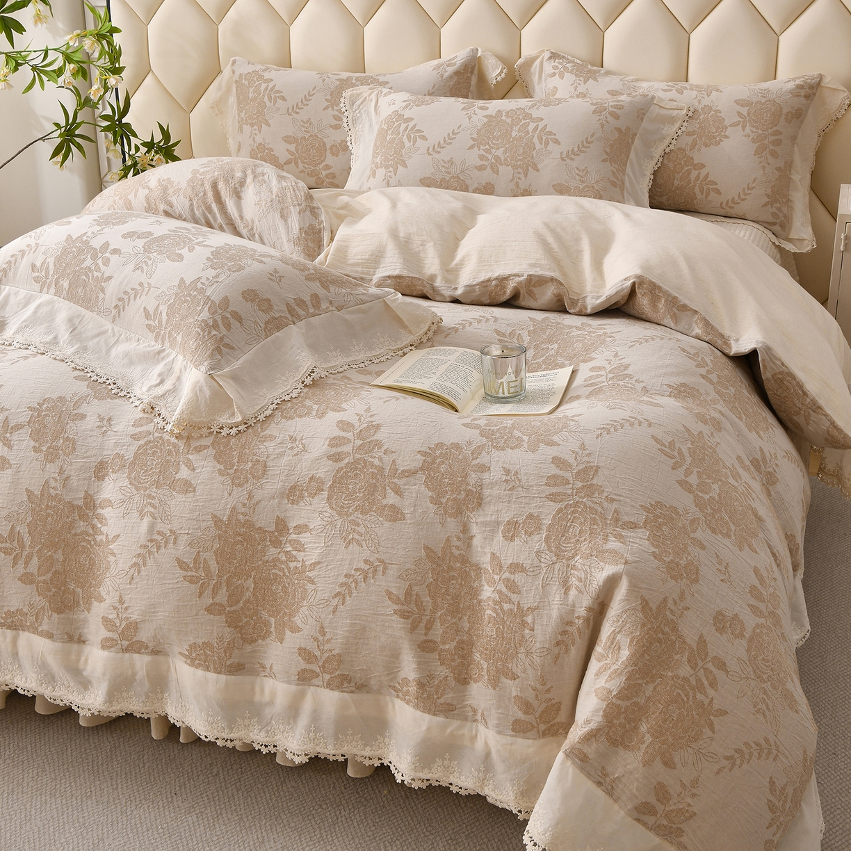 91家纺网 家纺一手货源 找家纺 金艾草 2026新款全棉纯棉A类棉麻提花床盖四件套法式大花边四件套 醒梦