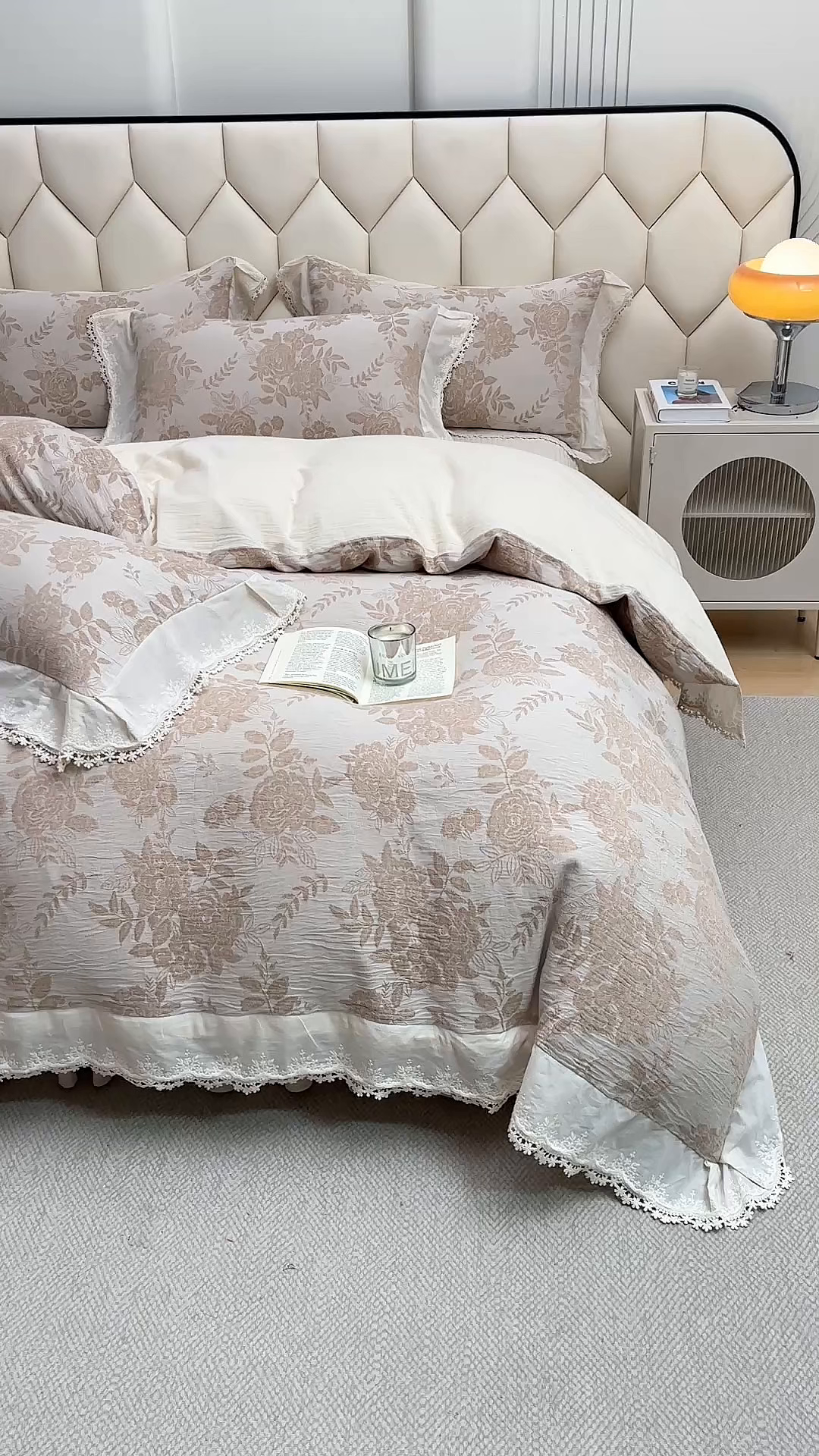 91家纺网 家纺一手货源 找家纺 金艾草 2026新款全棉纯棉A类棉麻提花床盖四件套法式大花边四件套 醒梦