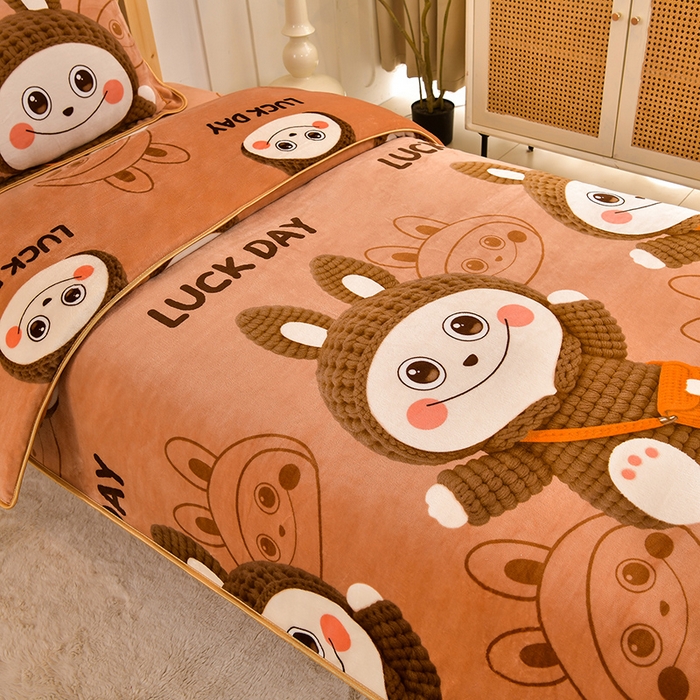 91家纺网 家纺一手货源 找家纺 馨梦缘2025新款爆款高克重印花牛奶绒法莱绒学生三件套 拉咕咕