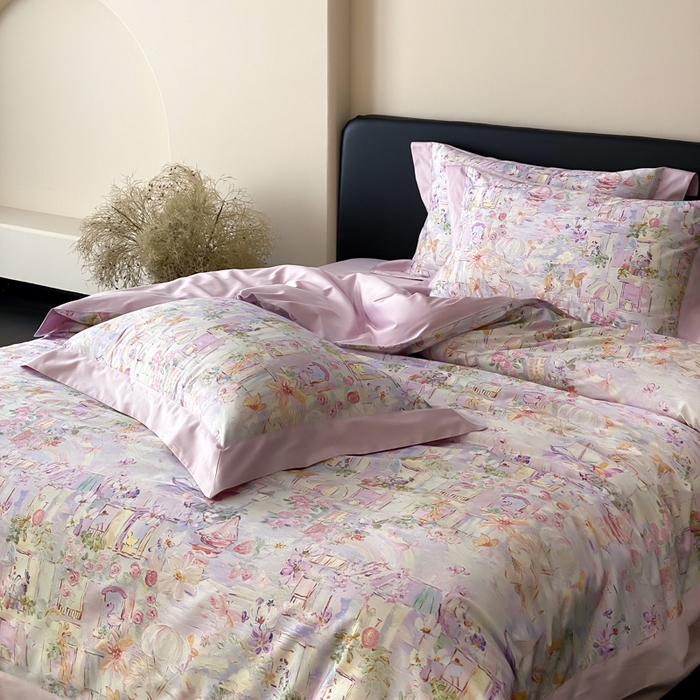 91家纺网 家纺一手货源 找家纺 云栖家居 2025全棉纯棉长绒棉纯棉A类50支数码印花系列四件套-春园 魔幻甜心-紫