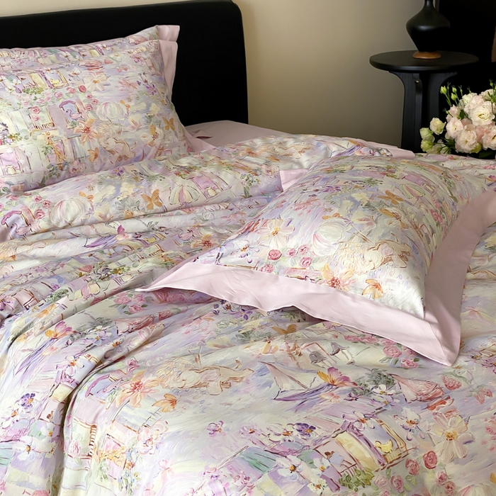 91家纺网 家纺一手货源 找家纺 云栖家居 2025全棉纯棉长绒棉纯棉A类50支数码印花系列四件套-春园 魔幻甜心-紫