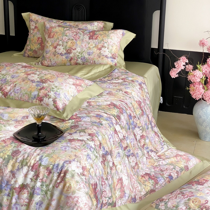 91家纺网 家纺一手货源 找家纺 云栖家居 2025全棉纯棉长绒棉纯棉A类50支数码印花系列四件套-春园 花海-绿