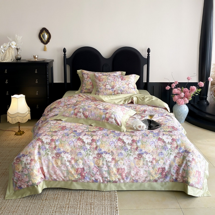 91家纺网 家纺一手货源 找家纺 云栖家居 2025全棉纯棉长绒棉纯棉A类50支数码印花系列四件套-春园 花海-绿