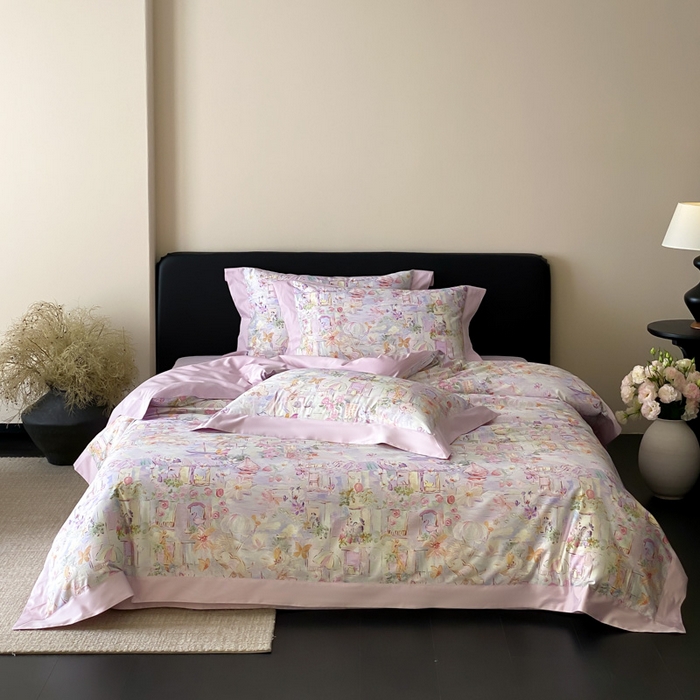 91家纺网 家纺一手货源 找家纺 云栖家居 2025全棉纯棉长绒棉纯棉A类50支数码印花系列四件套-春园 魔幻甜心-紫