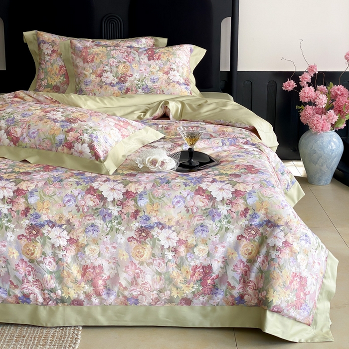 91家纺网 家纺一手货源 找家纺 云栖家居 2025全棉纯棉长绒棉纯棉A类50支数码印花系列四件套-春园 花海-绿