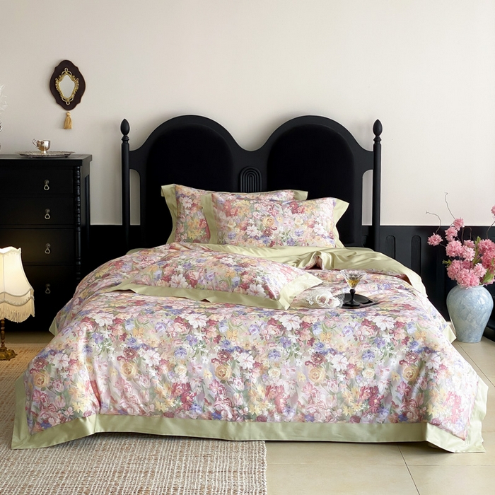 91家纺网 家纺一手货源 找家纺 云栖家居 2025全棉纯棉长绒棉纯棉A类50支数码印花系列四件套-春园 花海-绿