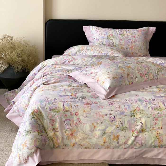 91家纺网 家纺一手货源 找家纺 云栖家居 2025全棉纯棉长绒棉纯棉A类50支数码印花系列四件套-春园 魔幻甜心-紫