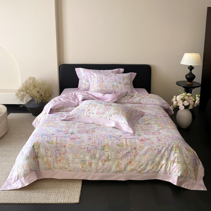 91家纺网 家纺一手货源 找家纺 云栖家居 2025全棉纯棉长绒棉纯棉A类50支数码印花系列四件套-春园 魔幻甜心-紫