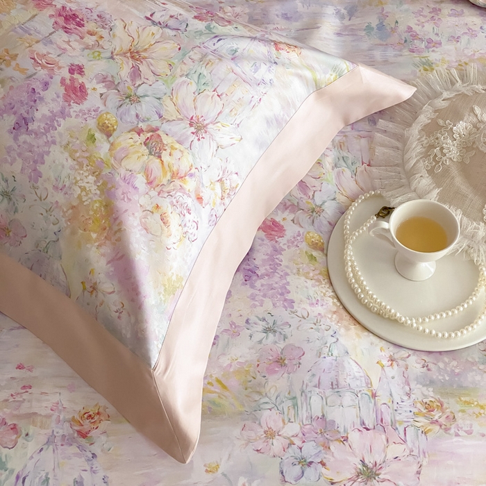 91家纺网 家纺一手货源 找家纺 云栖家居 2025全棉纯棉长绒棉纯棉A类50支数码印花系列四件套-春园 花园城堡-粉