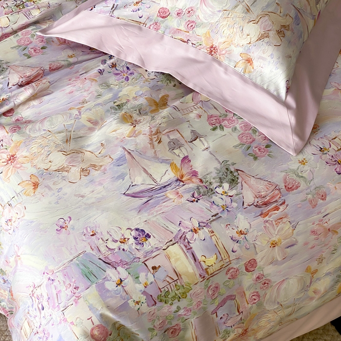 91家纺网 家纺一手货源 找家纺 云栖家居 2025全棉纯棉长绒棉纯棉A类50支数码印花系列四件套-春园 魔幻甜心-紫