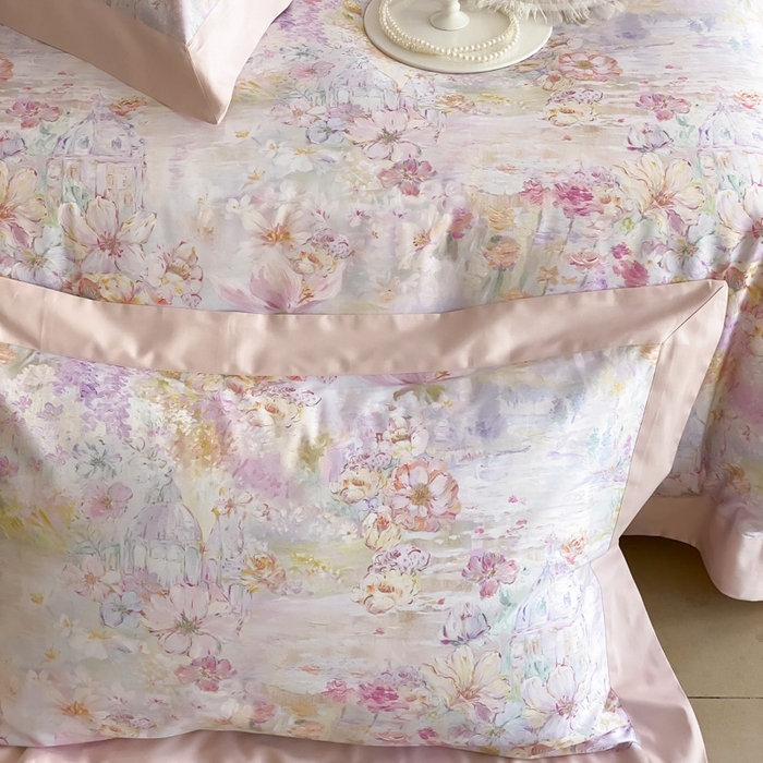 91家纺网 家纺一手货源 找家纺 云栖家居 2025全棉纯棉长绒棉纯棉A类50支数码印花系列四件套-春园 花园城堡-粉