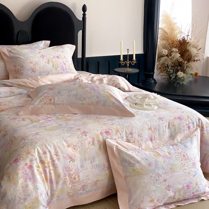 91家纺网 家纺一手货源 找家纺 云栖家居 2025全棉纯棉长绒棉纯棉A类50支数码印花系列四件套-春园 花园城堡-粉