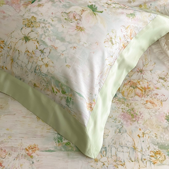 91家纺网 家纺一手货源 找家纺 云栖家居 2025全棉纯棉长绒棉纯棉A类50支数码印花系列四件套-春园 花园城堡-绿