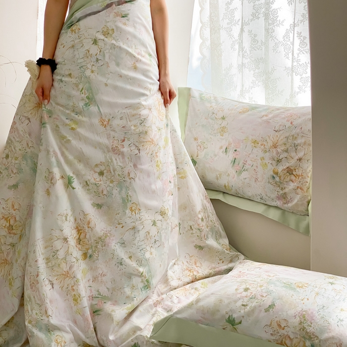 91家纺网 家纺一手货源 找家纺 云栖家居 2025全棉纯棉长绒棉纯棉A类50支数码印花系列四件套-春园 花园城堡-绿