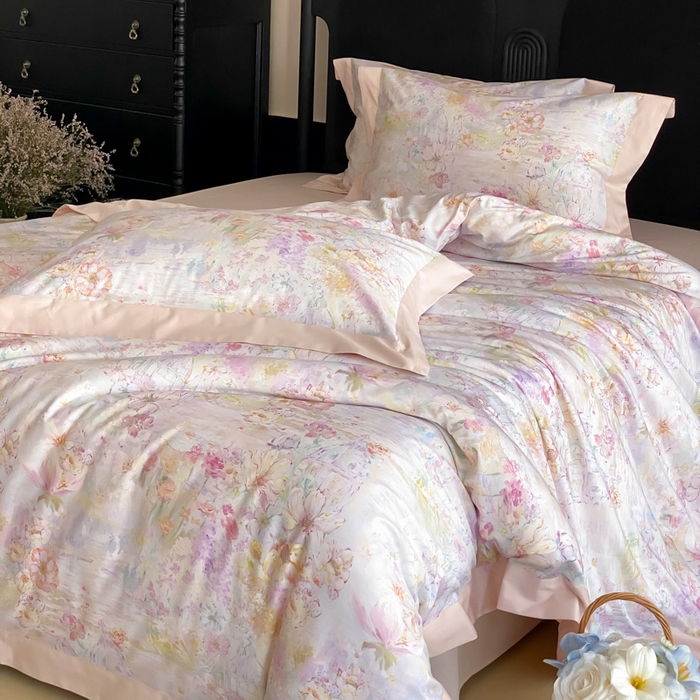 91家纺网 家纺一手货源 找家纺 云栖家居 2025全棉纯棉长绒棉纯棉A类50支数码印花系列四件套-春园 花园城堡-粉