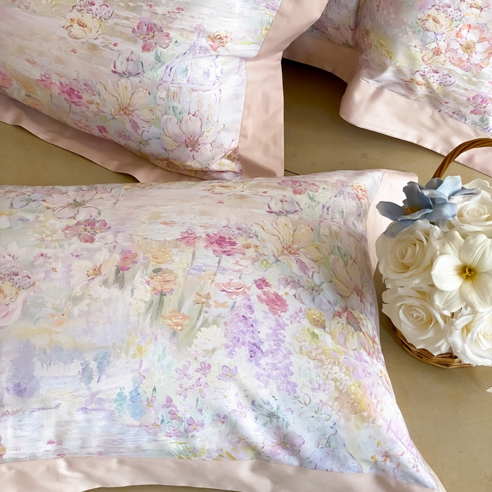 91家纺网 家纺一手货源 找家纺 云栖家居 2025全棉纯棉长绒棉纯棉A类50支数码印花系列四件套-春园 花园城堡-粉