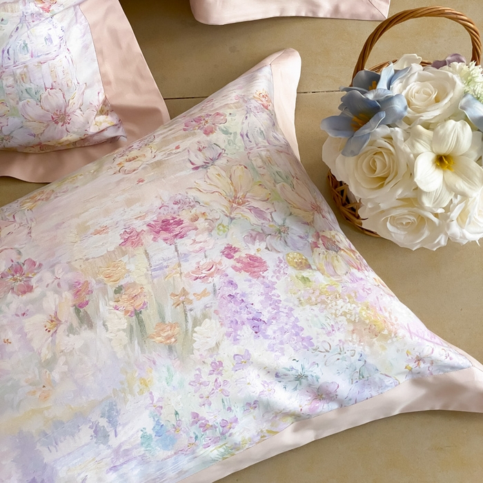 91家纺网 家纺一手货源 找家纺 云栖家居 2025全棉纯棉长绒棉纯棉A类50支数码印花系列四件套-春园 花园城堡-粉