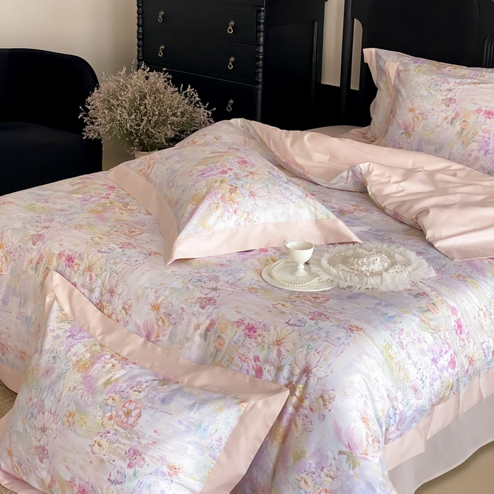 91家纺网 家纺一手货源 找家纺 云栖家居 2025全棉纯棉长绒棉纯棉A类50支数码印花系列四件套-春园 花园城堡-粉