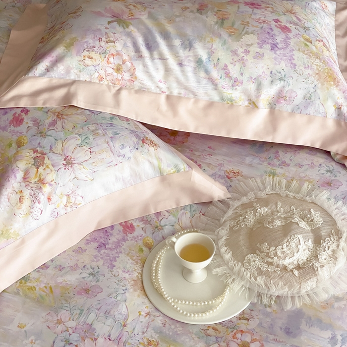 91家纺网 家纺一手货源 找家纺 云栖家居 2025全棉纯棉长绒棉纯棉A类50支数码印花系列四件套-春园 花园城堡-粉