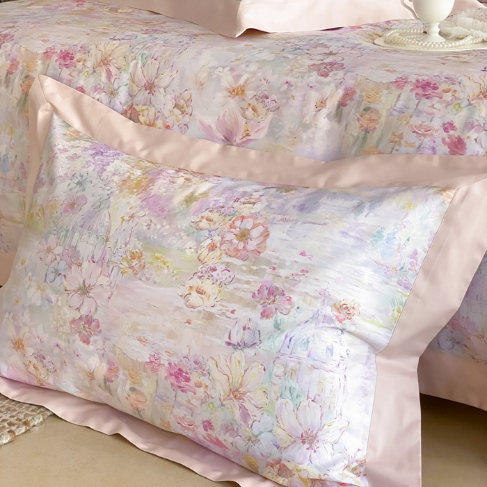 91家纺网 家纺一手货源 找家纺 云栖家居 2025全棉纯棉长绒棉纯棉A类50支数码印花系列四件套-春园 花园城堡-粉