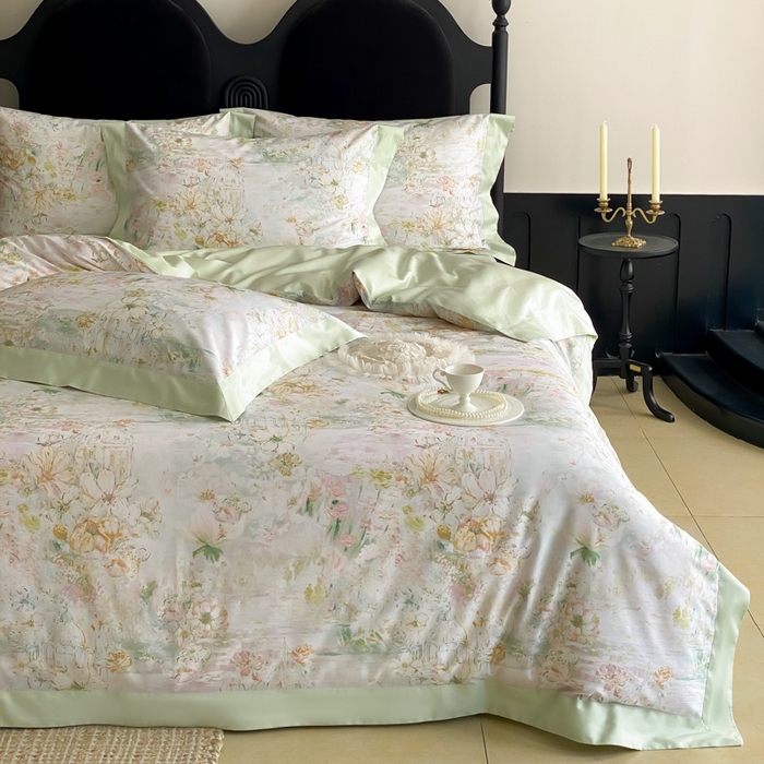 91家纺网 家纺一手货源 找家纺 云栖家居 2025全棉纯棉长绒棉纯棉A类50支数码印花系列四件套-春园 花园城堡-绿