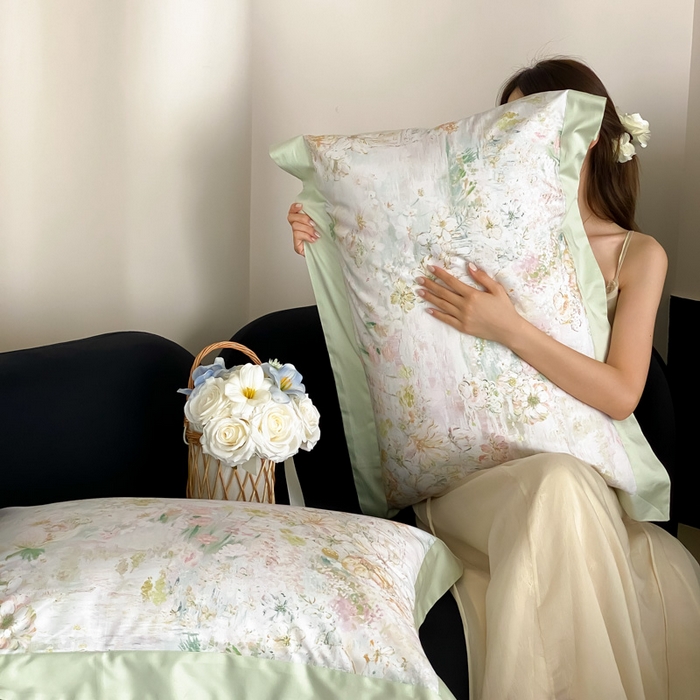 91家纺网 家纺一手货源 找家纺 云栖家居 2025全棉纯棉长绒棉纯棉A类50支数码印花系列四件套-春园 花园城堡-绿