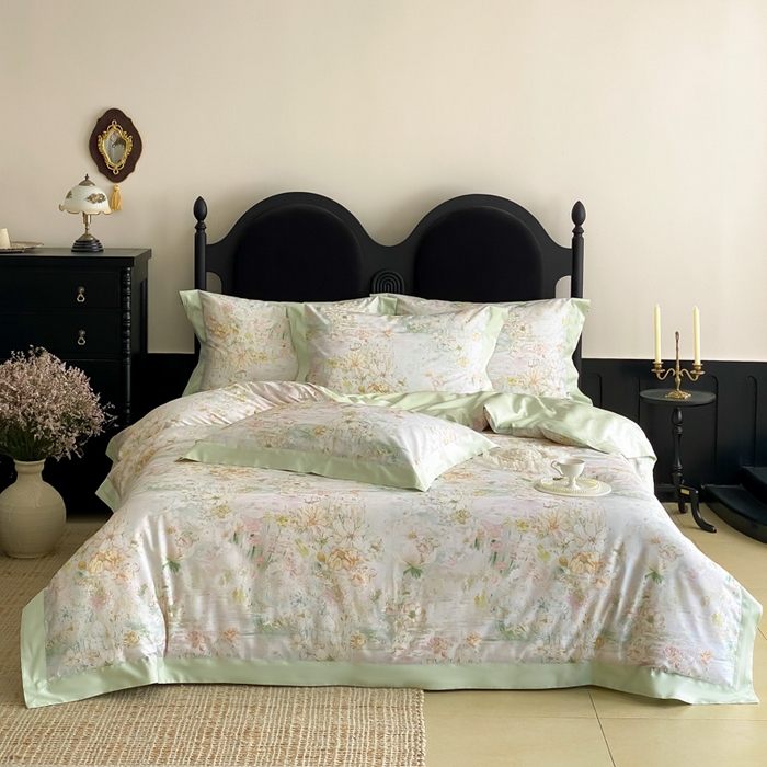 91家纺网 家纺一手货源 找家纺 云栖家居 2025全棉纯棉长绒棉纯棉A类50支数码印花系列四件套-春园 花园城堡-绿