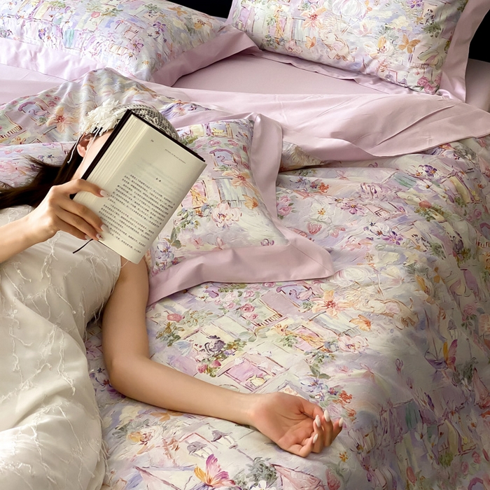 91家纺网 家纺一手货源 找家纺 云栖家居 2025全棉纯棉长绒棉纯棉A类50支数码印花系列四件套-春园 魔幻甜心-紫