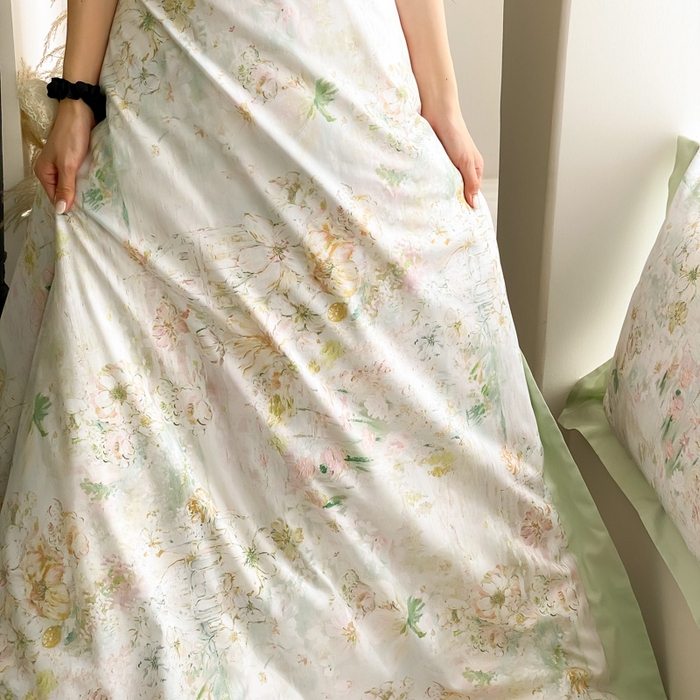 91家纺网 家纺一手货源 找家纺 云栖家居 2025全棉纯棉长绒棉纯棉A类50支数码印花系列四件套-春园 花园城堡-绿