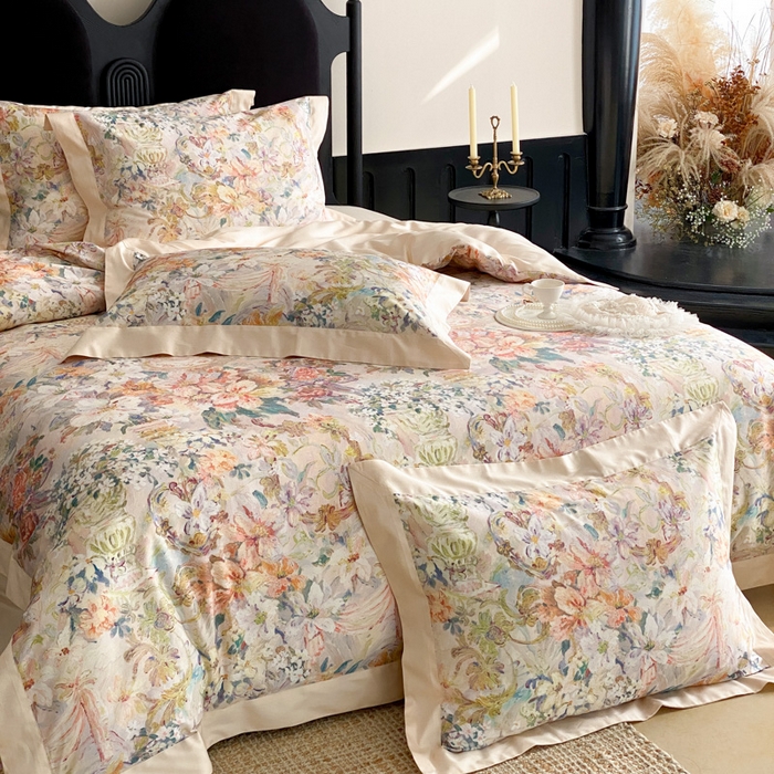 91家纺网 家纺一手货源 找家纺 云栖家居 2025全棉纯棉长绒棉纯棉A类50支数码印花系列四件套-春园 春浔花鉴-香槟