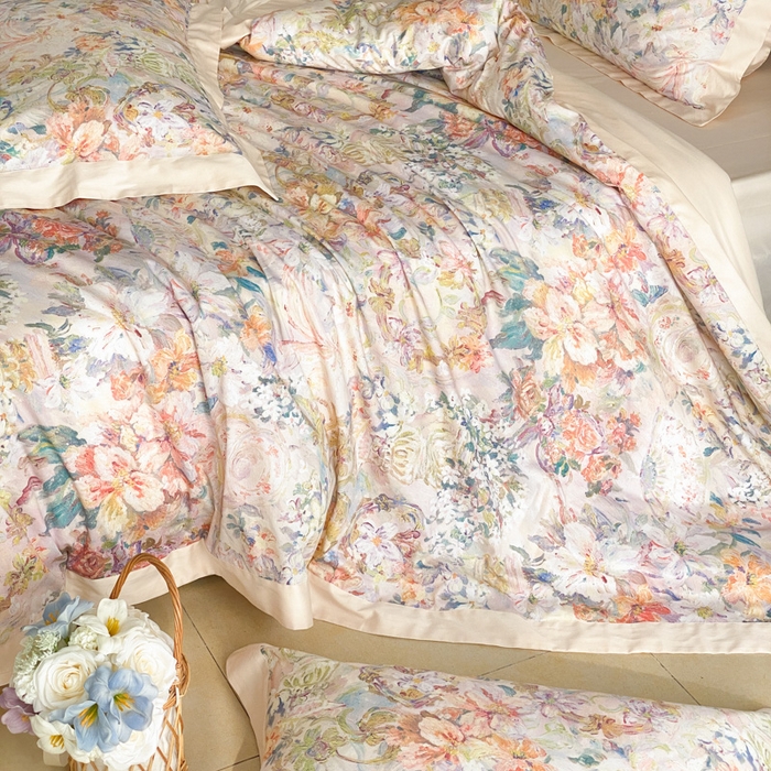 91家纺网 家纺一手货源 找家纺 云栖家居 2025全棉纯棉长绒棉纯棉A类50支数码印花系列四件套-春园 春浔花鉴-香槟