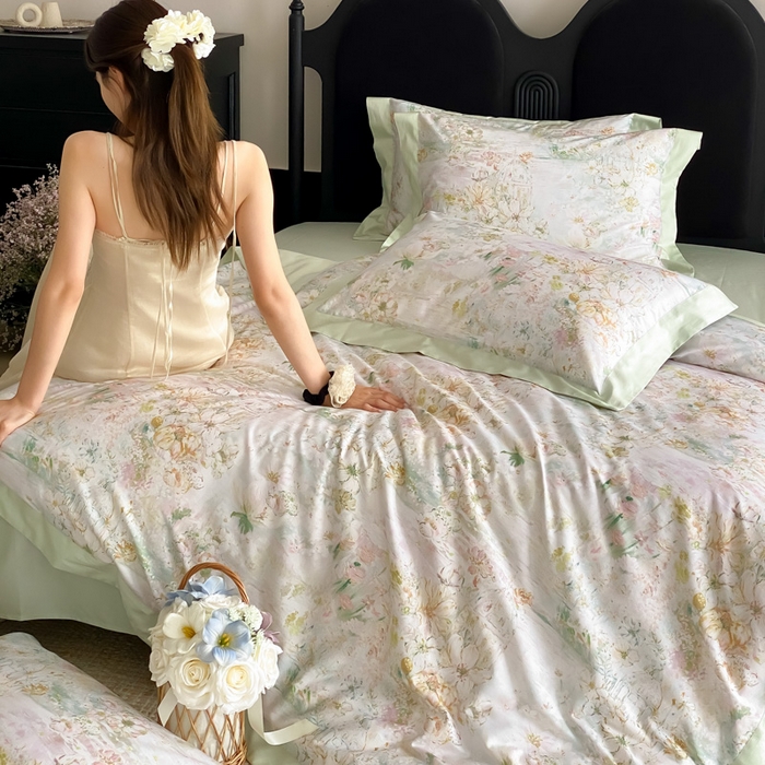 91家纺网 家纺一手货源 找家纺 云栖家居 2025全棉纯棉长绒棉纯棉A类50支数码印花系列四件套-春园 花园城堡-绿