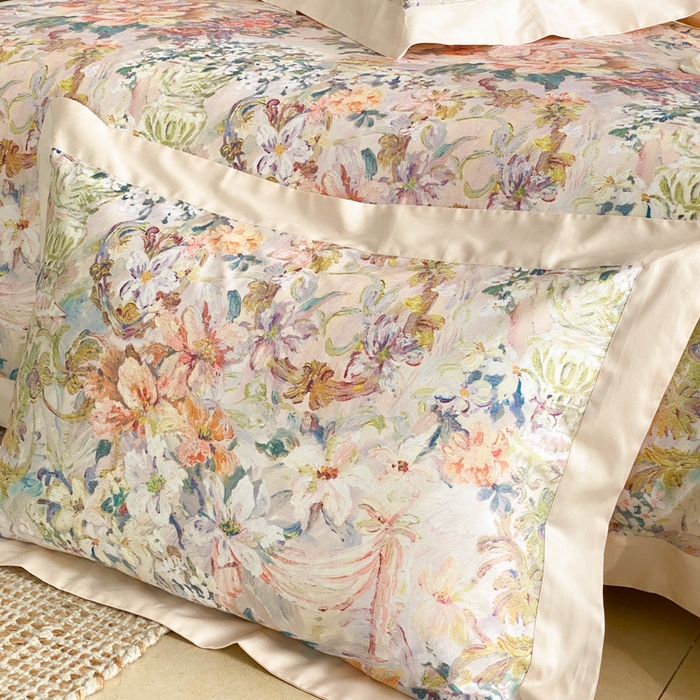 91家纺网 家纺一手货源 找家纺 云栖家居 2025全棉纯棉长绒棉纯棉A类50支数码印花系列四件套-春园 春浔花鉴-香槟