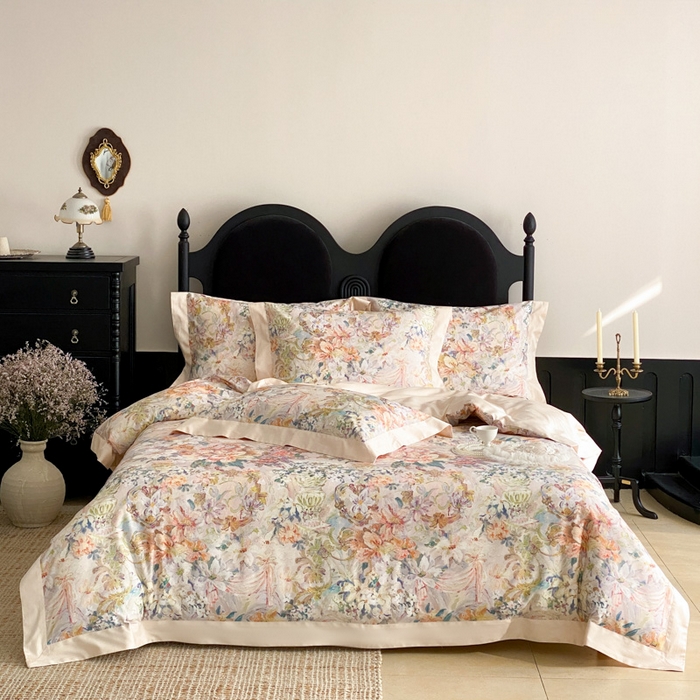 91家纺网 家纺一手货源 找家纺 云栖家居 2025全棉纯棉长绒棉纯棉A类50支数码印花系列四件套-春园 春浔花鉴-香槟