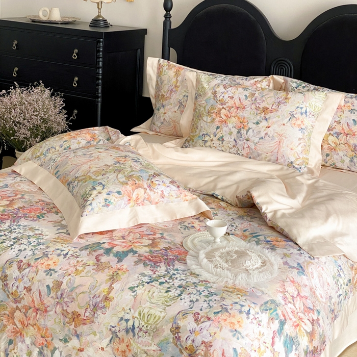 91家纺网 家纺一手货源 找家纺 云栖家居 2025全棉纯棉长绒棉纯棉A类50支数码印花系列四件套-春园 春浔花鉴-香槟