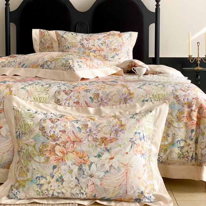 91家纺网 家纺一手货源 找家纺 云栖家居 2025全棉纯棉长绒棉纯棉A类50支数码印花系列四件套-春园 春浔花鉴-香槟