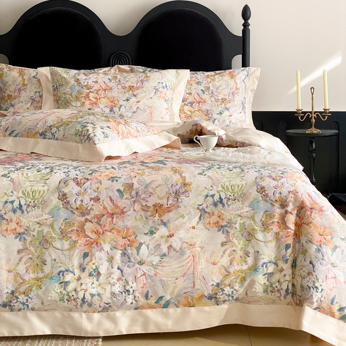 91家纺网 家纺一手货源 找家纺 云栖家居 2025全棉纯棉长绒棉纯棉A类50支数码印花系列四件套-春园 春浔花鉴-香槟