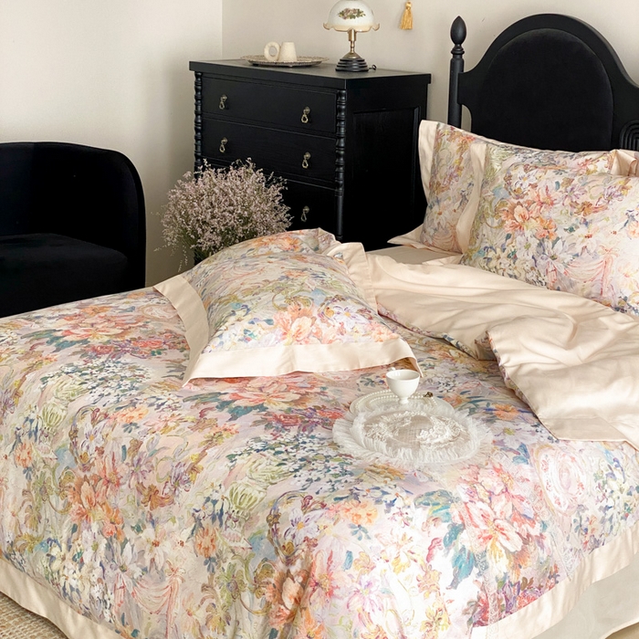 91家纺网 家纺一手货源 找家纺 云栖家居 2025全棉纯棉长绒棉纯棉A类50支数码印花系列四件套-春园 春浔花鉴-香槟