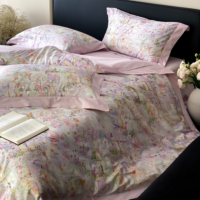 91家纺网 家纺一手货源 找家纺 云栖家居 2025全棉纯棉长绒棉纯棉A类50支数码印花系列四件套-春园 魔幻甜心-紫