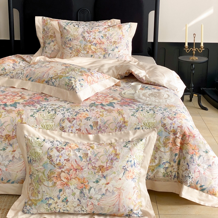 91家纺网 家纺一手货源 找家纺 云栖家居 2025全棉纯棉长绒棉纯棉A类50支数码印花系列四件套-春园 春浔花鉴-香槟