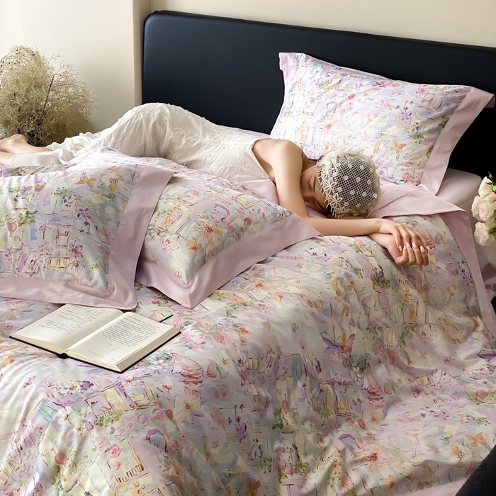 91家纺网 家纺一手货源 找家纺 云栖家居 2025全棉纯棉长绒棉纯棉A类50支数码印花系列四件套-春园 魔幻甜心-紫