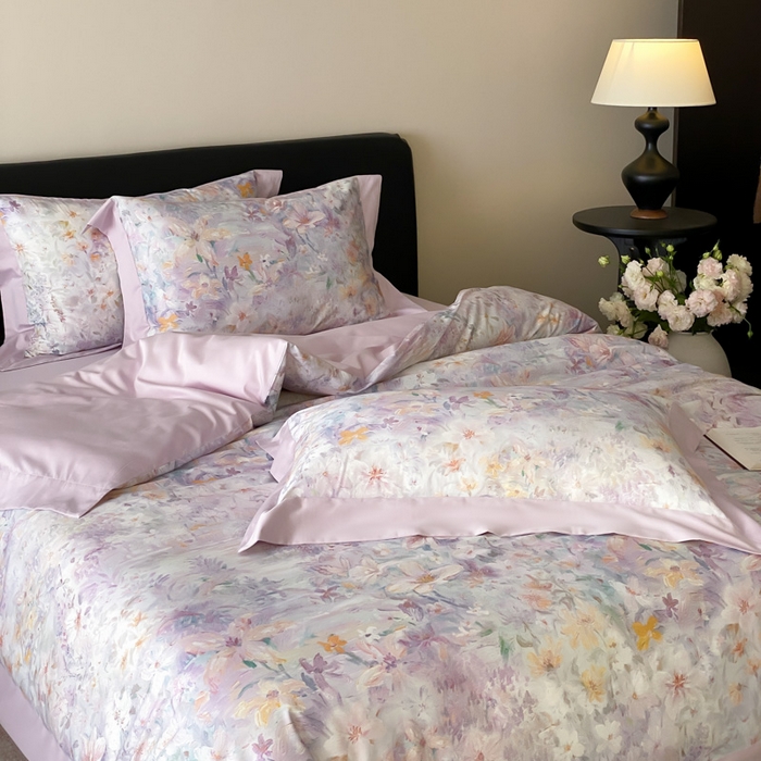 91家纺网 家纺一手货源 找家纺 云栖家居 2025全棉纯棉长绒棉纯棉A类50支数码印花系列四件套-春园 花知晓-紫