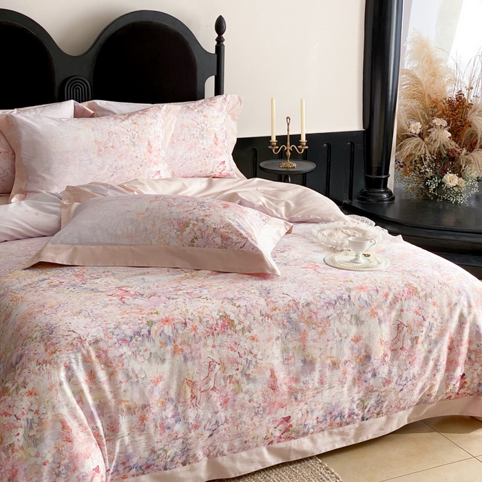 91家纺网 家纺一手货源 找家纺 云栖家居 2025全棉纯棉长绒棉纯棉A类50支数码印花系列四件套-春园 林间小鹿-粉