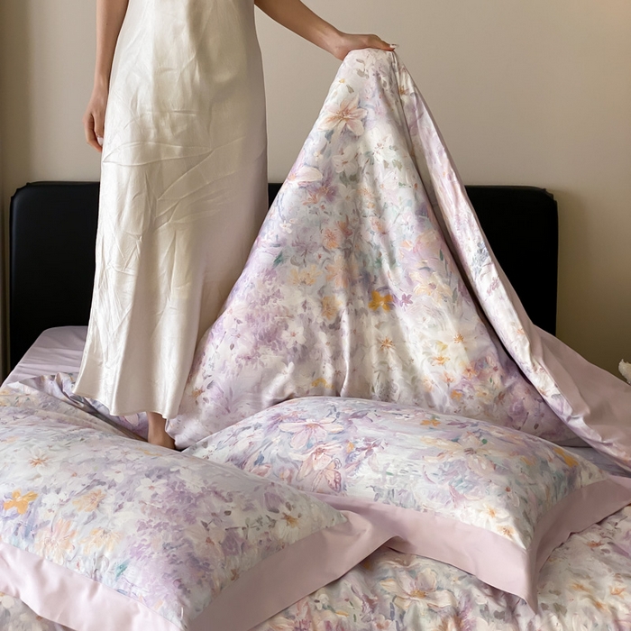 91家纺网 家纺一手货源 找家纺 云栖家居 2025全棉纯棉长绒棉纯棉A类50支数码印花系列四件套-春园 花知晓-紫