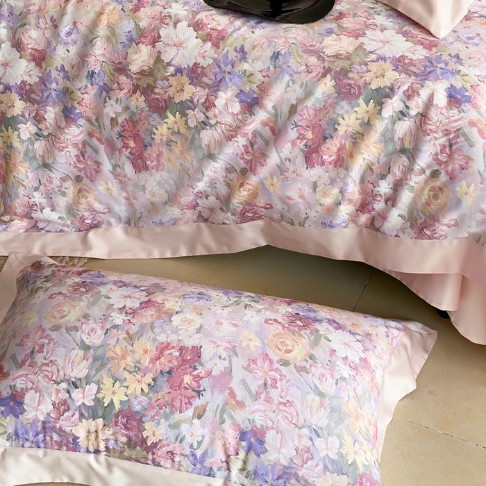 91家纺网 家纺一手货源 找家纺 云栖家居 2025全棉纯棉长绒棉纯棉A类50支数码印花系列四件套-春园 花海-粉